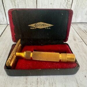 Vintage 1930s Gillette Gold Tone Open Comb Safety Razor with Original Case USA